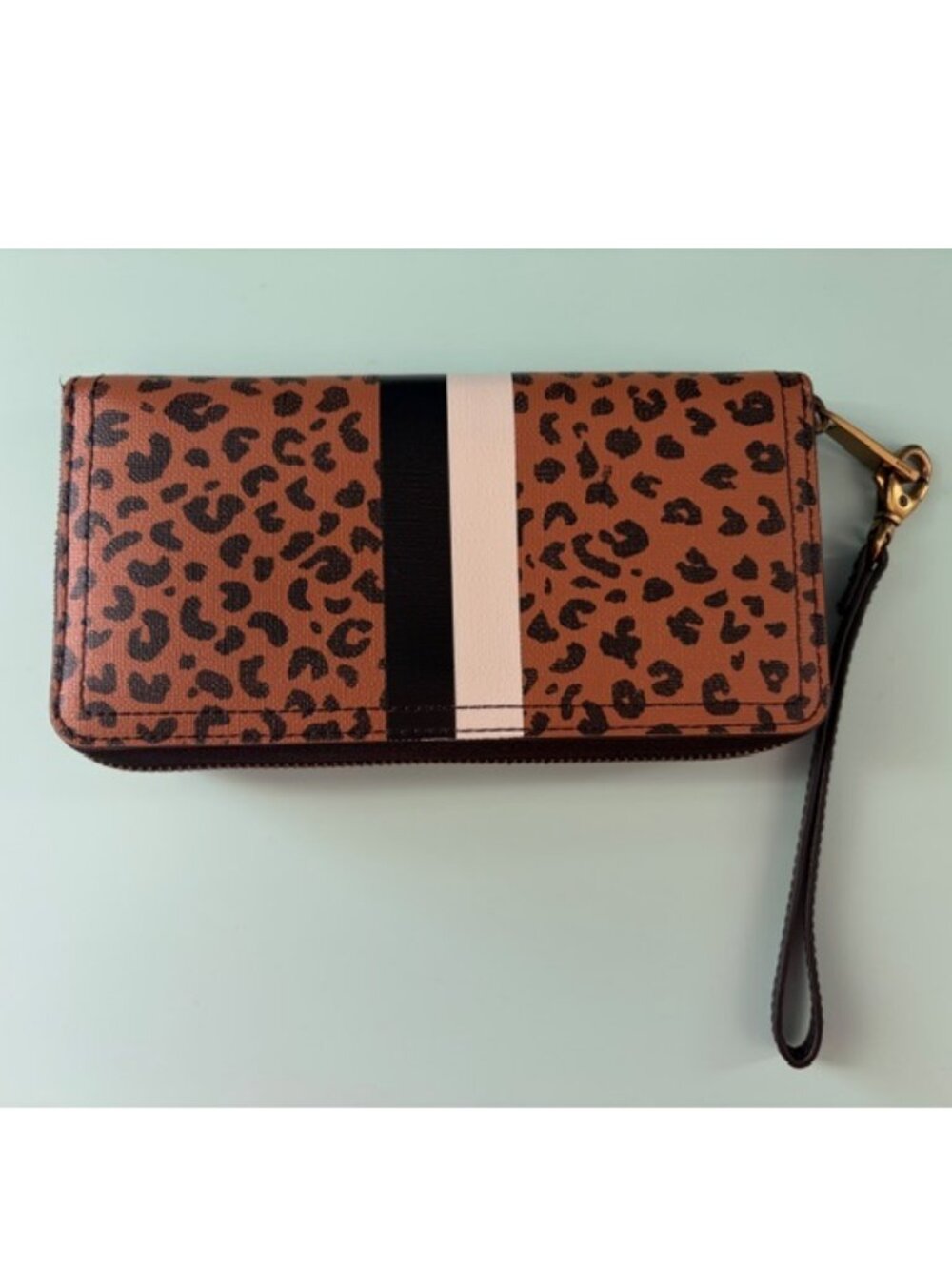 Fossil Logan zip around leopard print and stripe RFID wallet